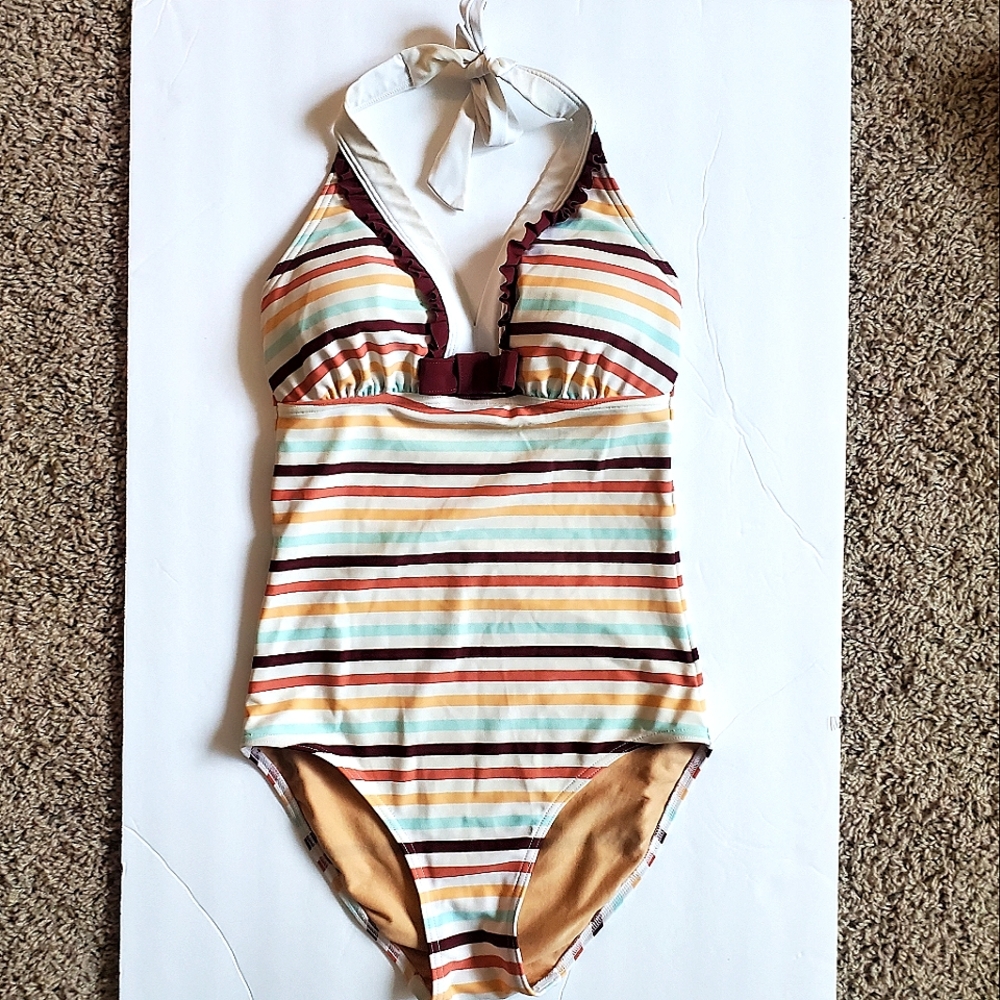 Modbe Swim Modest One Piece Bathing Suit, Striped Halter with Bow and Ruffles